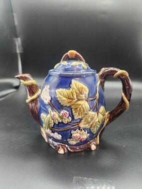 Vintage Cobalt Blue Nouveau Majolica Ceramic Teapot